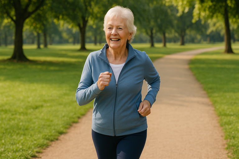 mujer adulta mayor corriendo en el parque 768x512