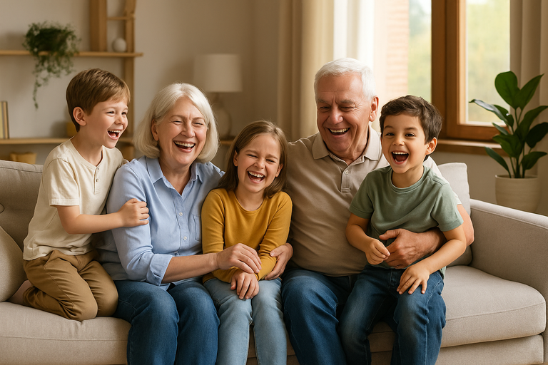 pareja adulto mayor disfrutando con sus nietos 768x512