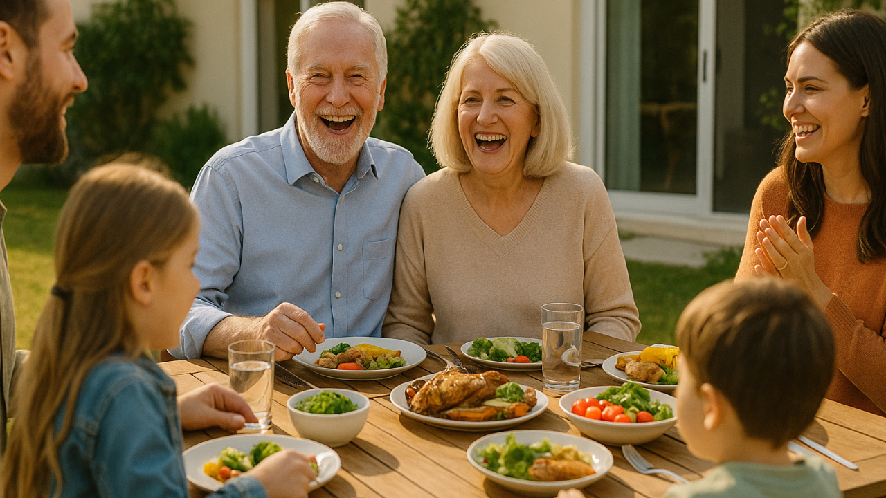 familia almorzando en el patio felices 1280x720