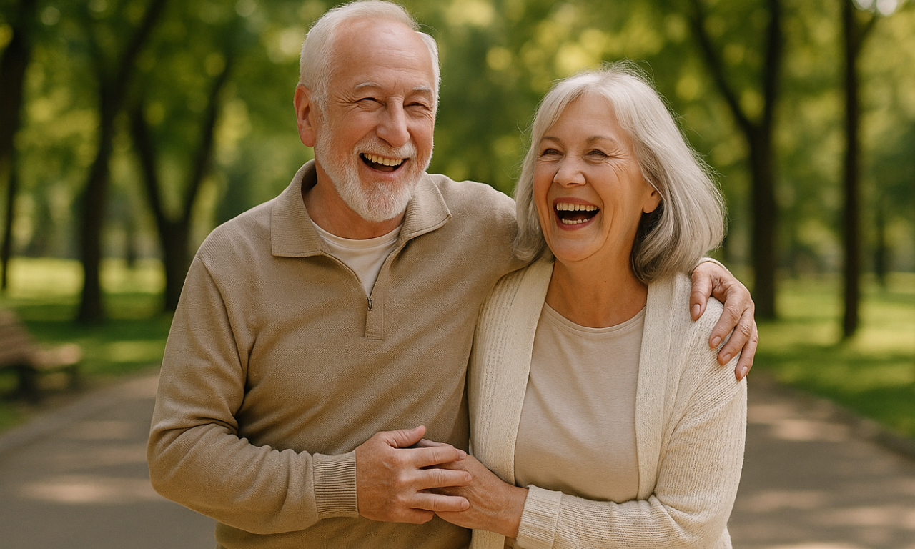 pareja de la tercera edad caminando por el parque 1280x768 2