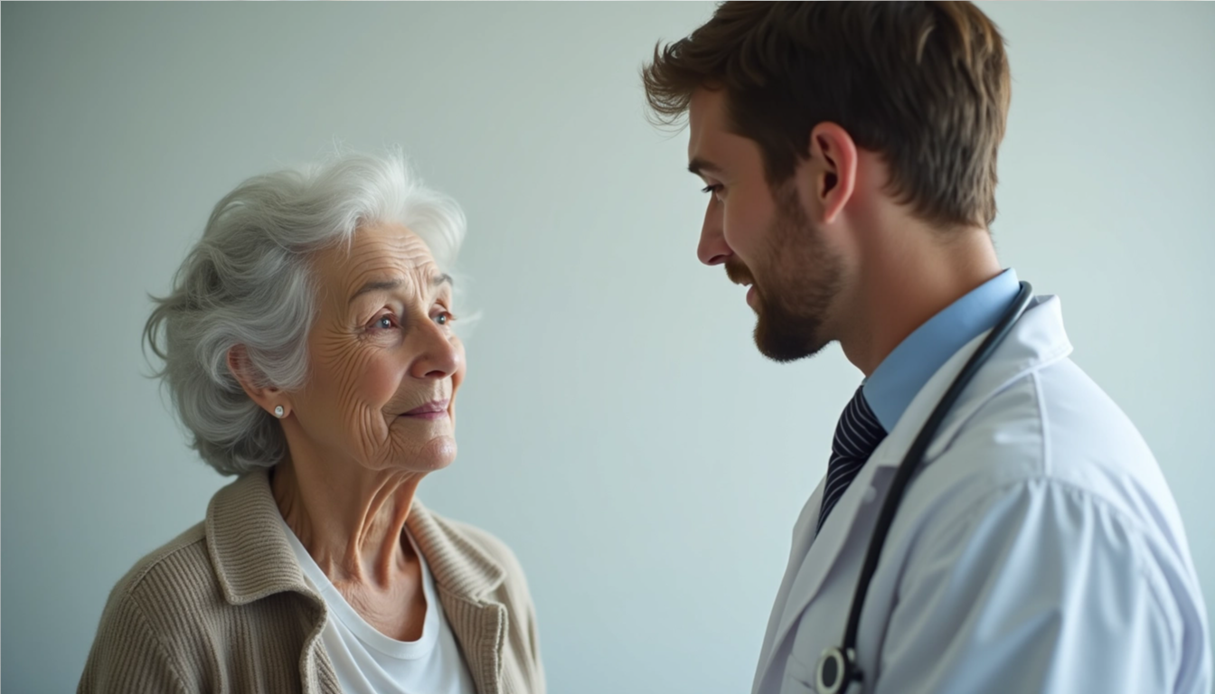 Mujer de la tercera edad conversando con el doctor