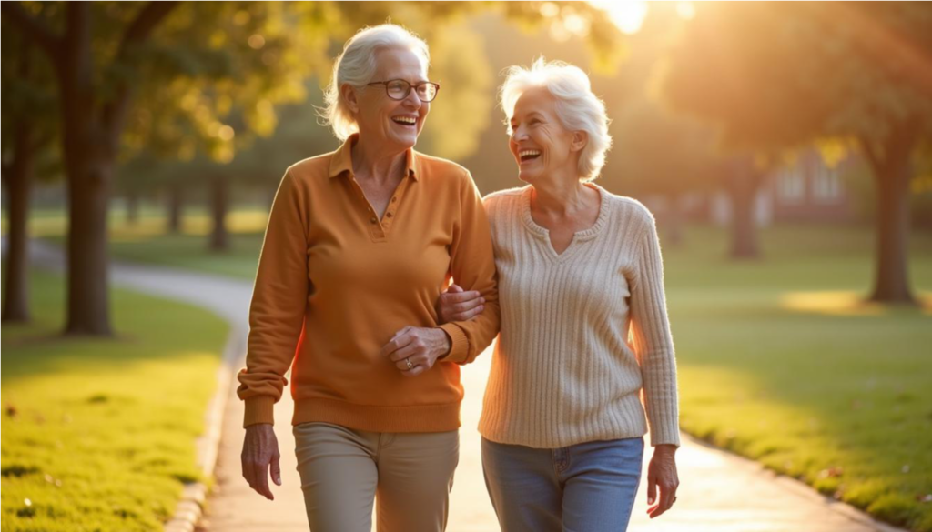Abuela y nieta paseando del brazo por un parque soleado, sonriendo con tranquilidad