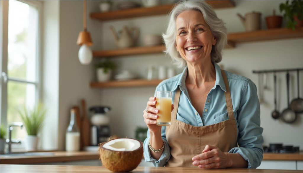 Mujer mayor sonriendo con un vaso pequeño de agua de coco en su cocina.