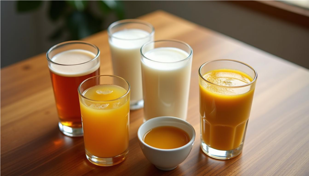 Cinco bebidas tibias sobre una mesa de madera para tomar por la noche.