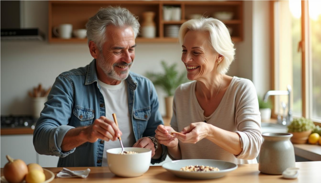 Pareja de adultos mayores latinos preparando un desayuno saludable con avena y semillas