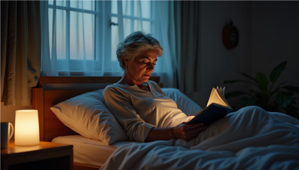 Mujer mayor leyendo en su cama con una taza tibia en la mesa de noche.