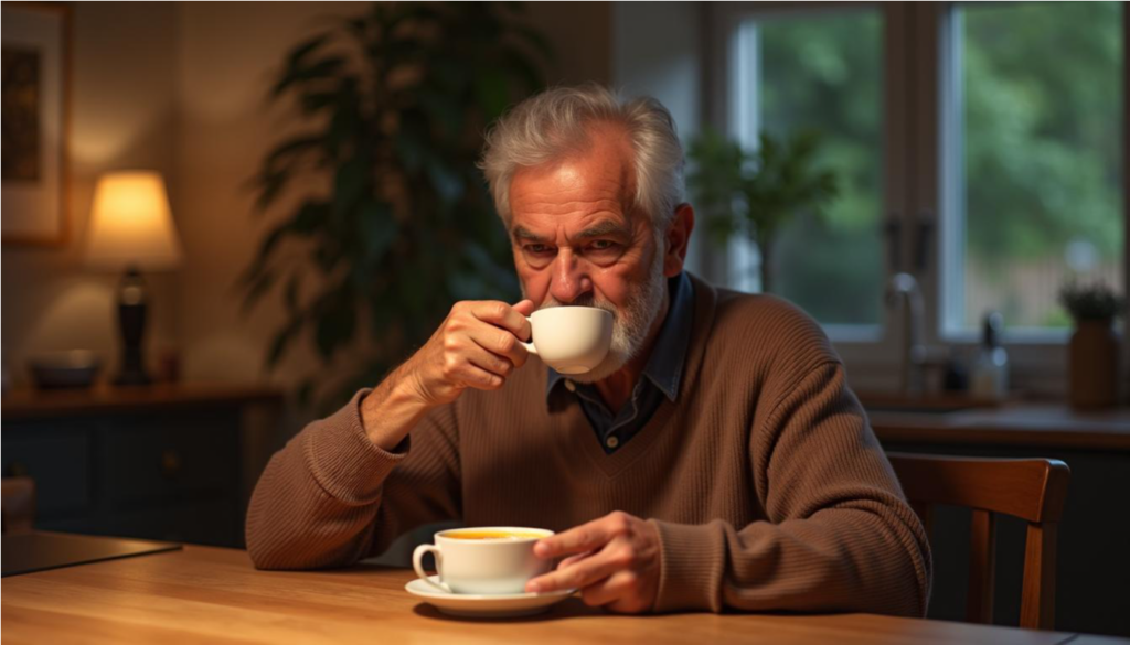 Hombre mayor bebiendo caldo tibio de una taza pequeña en su comedor.