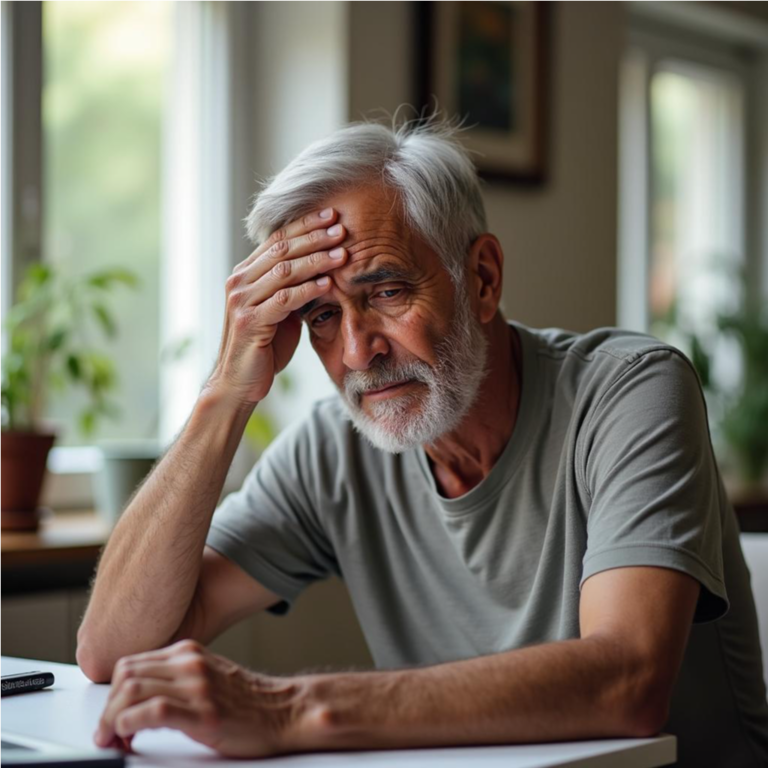Hombre adulto mayor con dolor de cabeza
