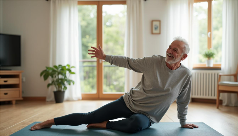 Hombre adulto mayor haciendo ejercicio en casa, feliz