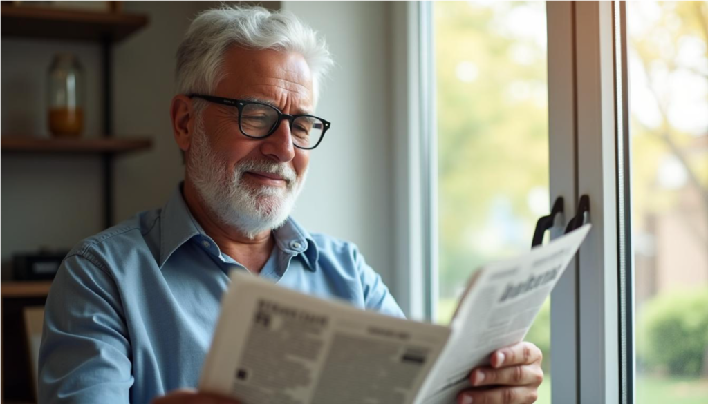 Hombre mayor latino con lentes leyendo el periódico junto a una ventana luminosa