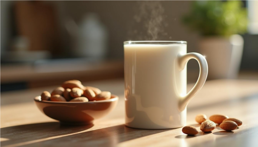 Taza de leche de almendras tibia junto a un cuenco de almendras.