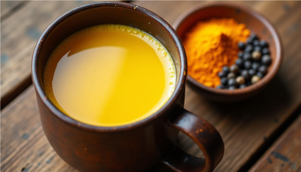 Taza de leche dorada con cúrcuma en polvo y granos de pimienta negra.