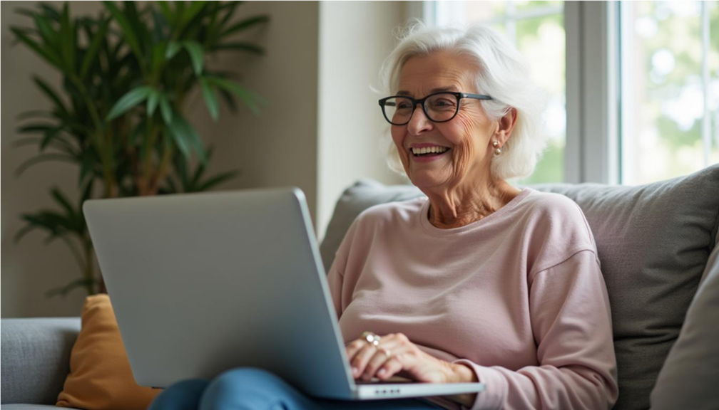 Mujer de tercera edad alegre usando su laptop en el living