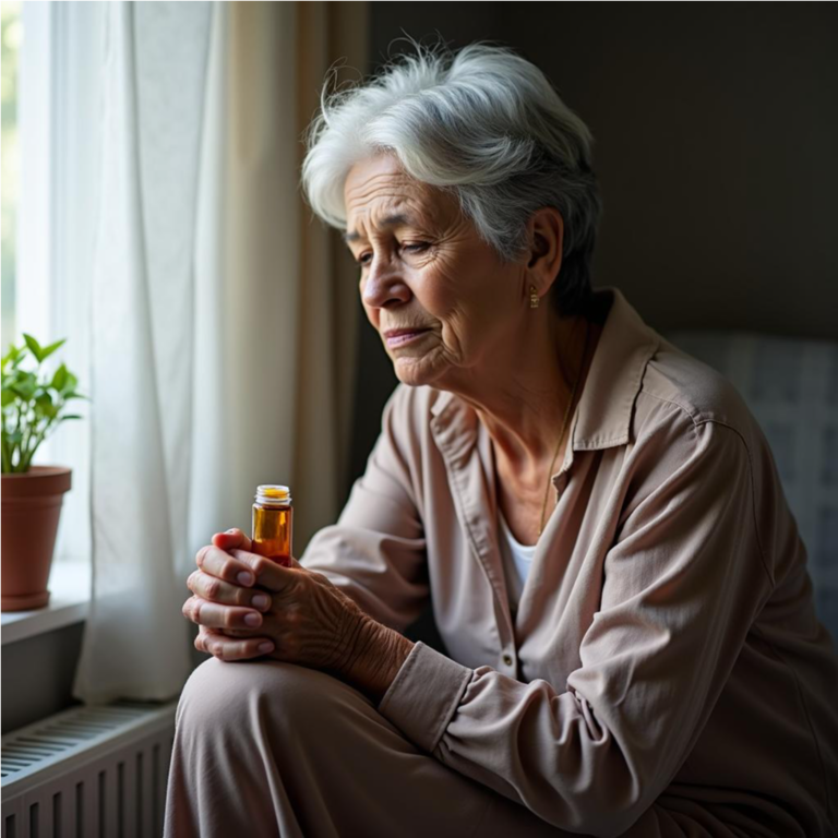 Mujer de tercera edad triste sosteniendo un frasco de pastillas