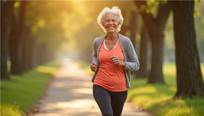 Mujer de tercera edad corriendo feliz por el parque