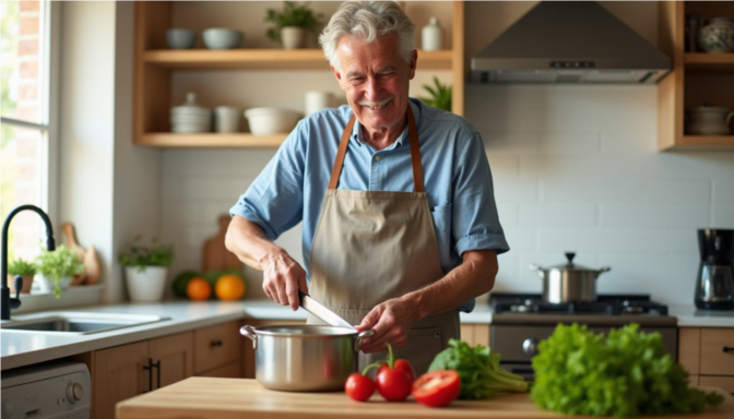 Hombre adulto mayor cocinando feliz en su casa
