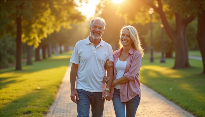 Pareja de adultos mayores abrazada caminando por el parque