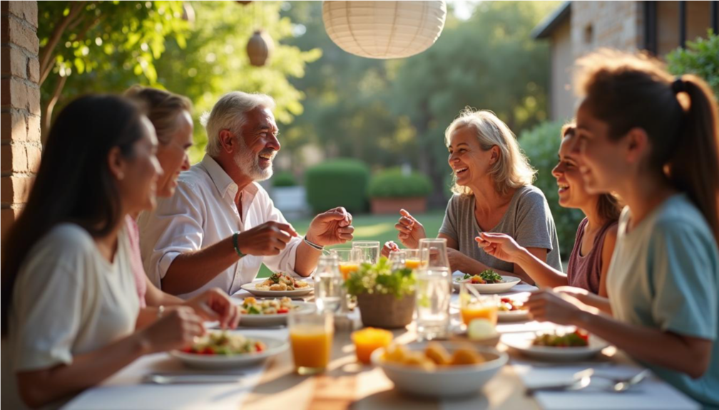 Pareja de adultos mayores almorzando con su familia en el patio