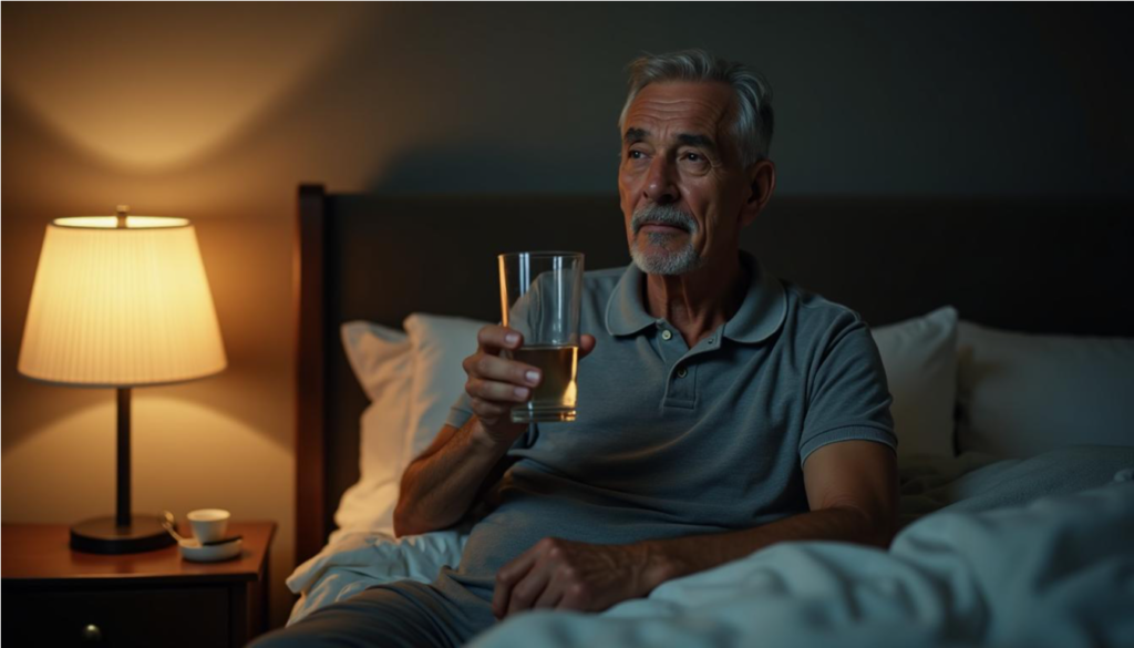 Hombre mayor sentado en su cama de noche con un vaso de agua en la mano.