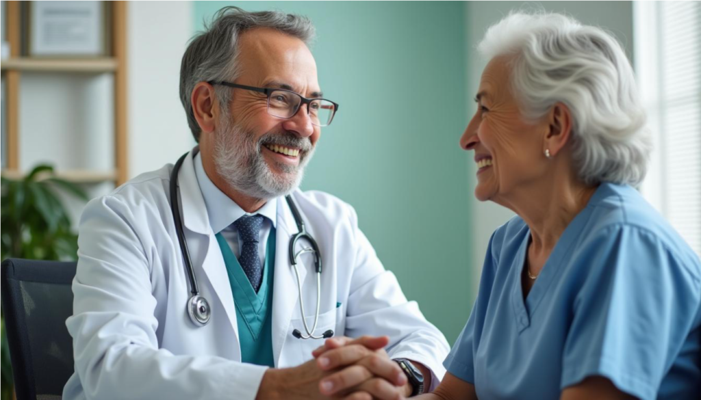 Médico conversando con un paciente mayor en un consultorio luminoso.