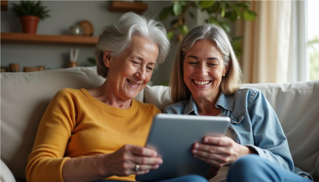 Abuela y nieta mirando una tableta juntas en el sofá.
