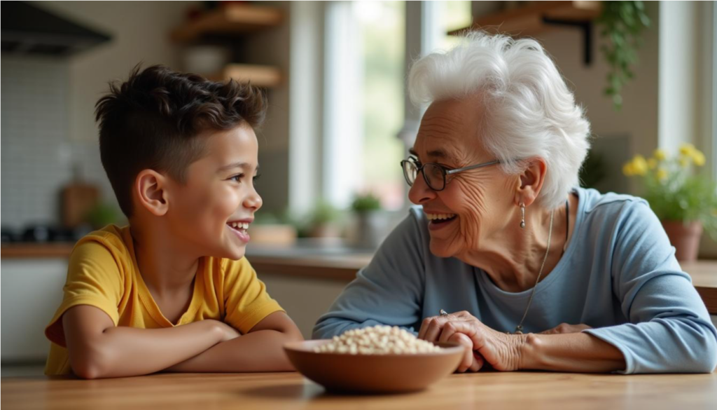 Nieto latino conversando con su abuela sobre alimentación saludable en la cocina