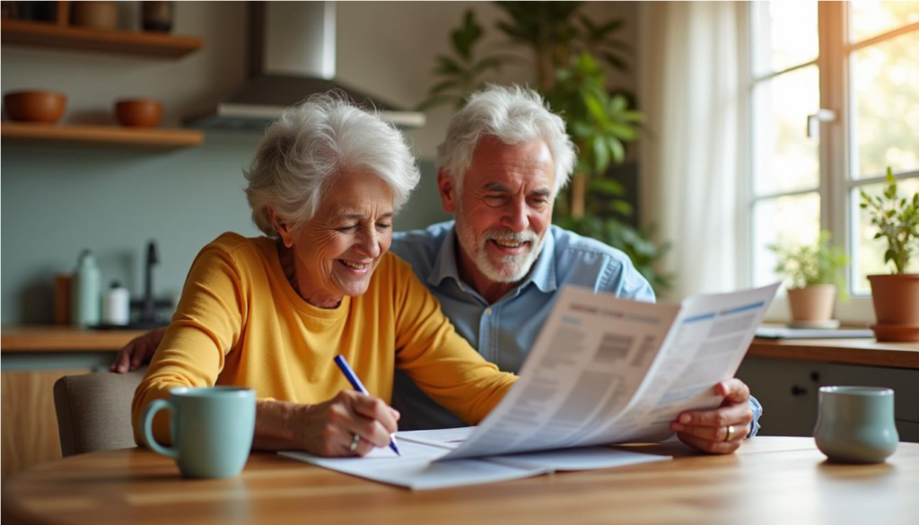 Pareja de adultos mayores leyendo información de salud en la mesa de la cocina.