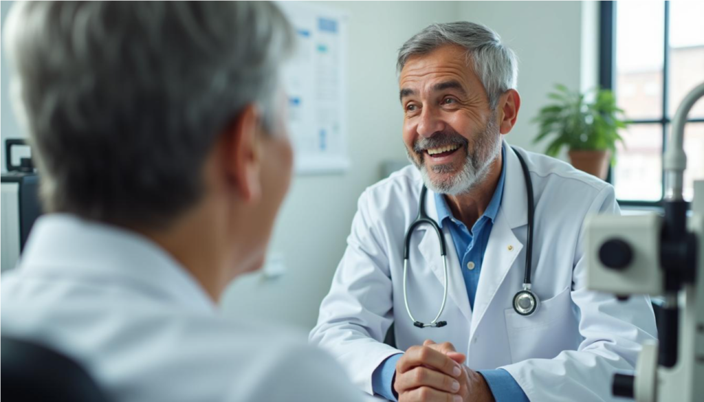 Oftalmóloga conversando amablemente con una paciente mayor durante una consulta de revisión ocular