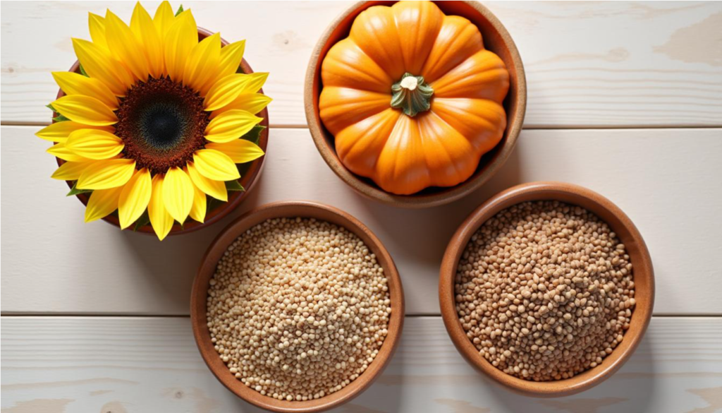 Cuatro cuencos con semillas para la vista: girasol, calabaza, lino y chía