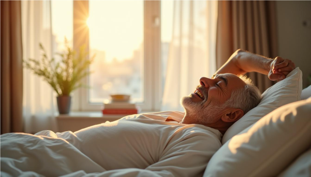 Hombre mayor despertando descansado en un dormitorio con luz de mañana.