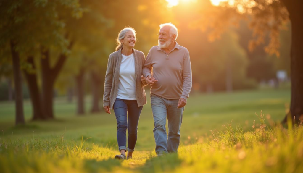 Pareja de adultos mayores latinos caminando juntos por un parque al atardecer