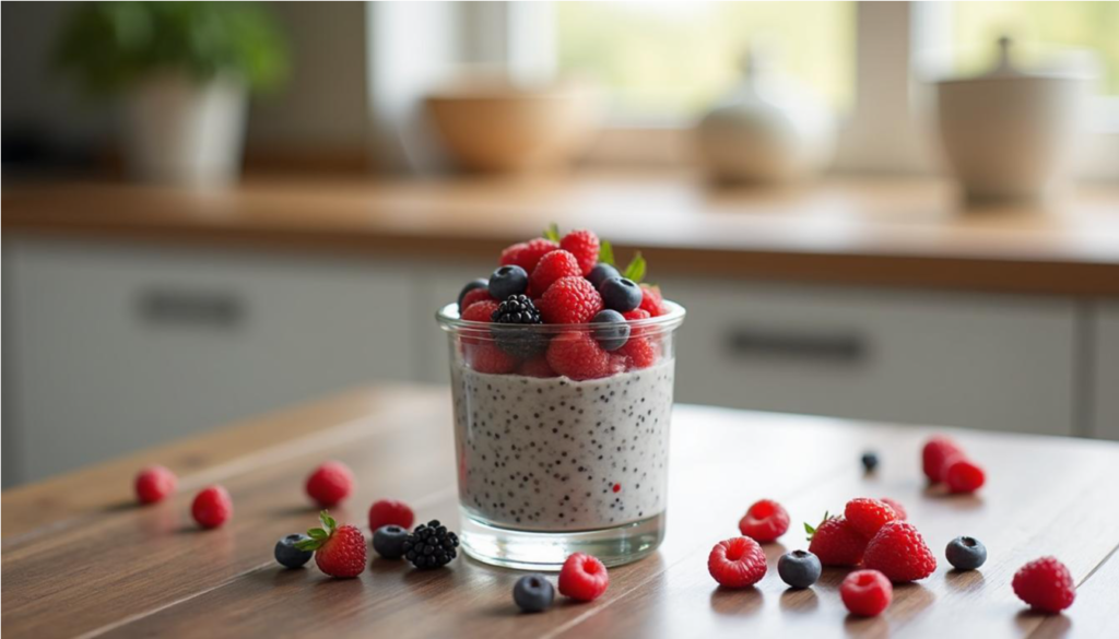 Pudín de chía en un vaso de vidrio con frutas frescas sobre una mesa de cocina
