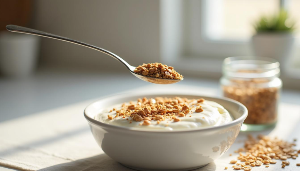 Cucharada de lino molido junto a un bol de yogur natural con avena
