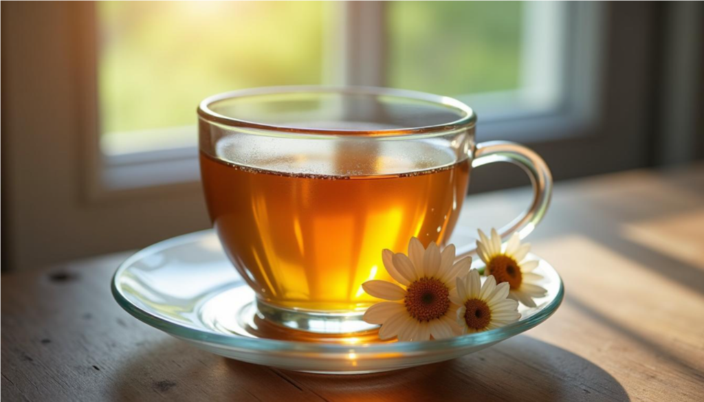Taza de té de manzanilla con flores secas sobre una mesa de madera.