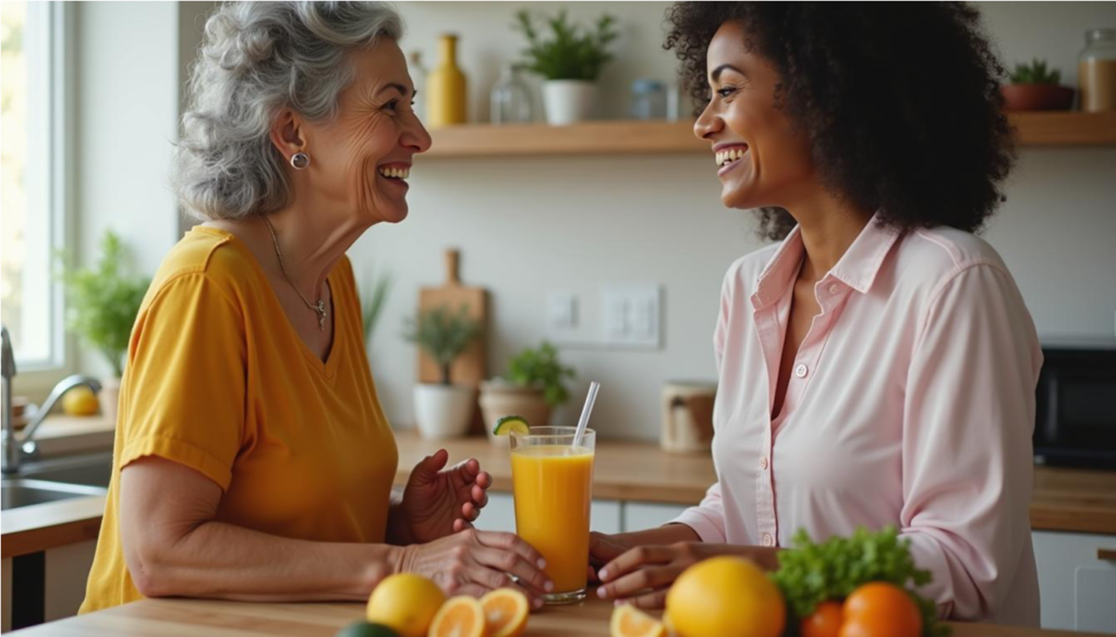 Abuela y nieta preparan un batido de frutas en la cocina