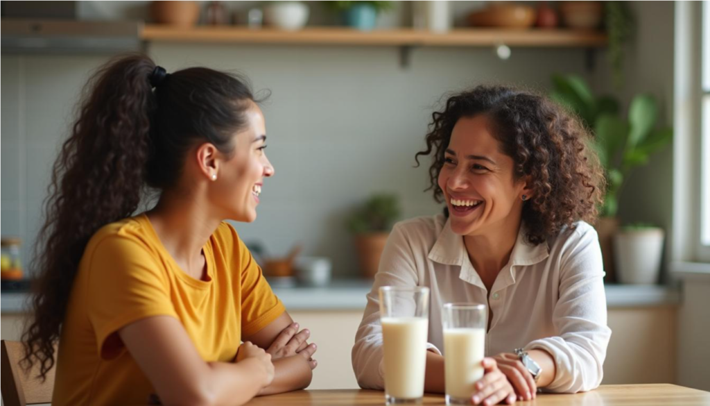 Abuela y nieta conversando en la cocina con leche y un batido