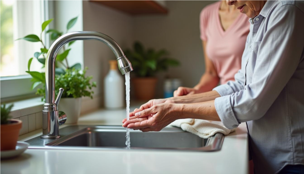 Mujer mayor enfría su mano bajo el chorro de agua fresca en la cocina
