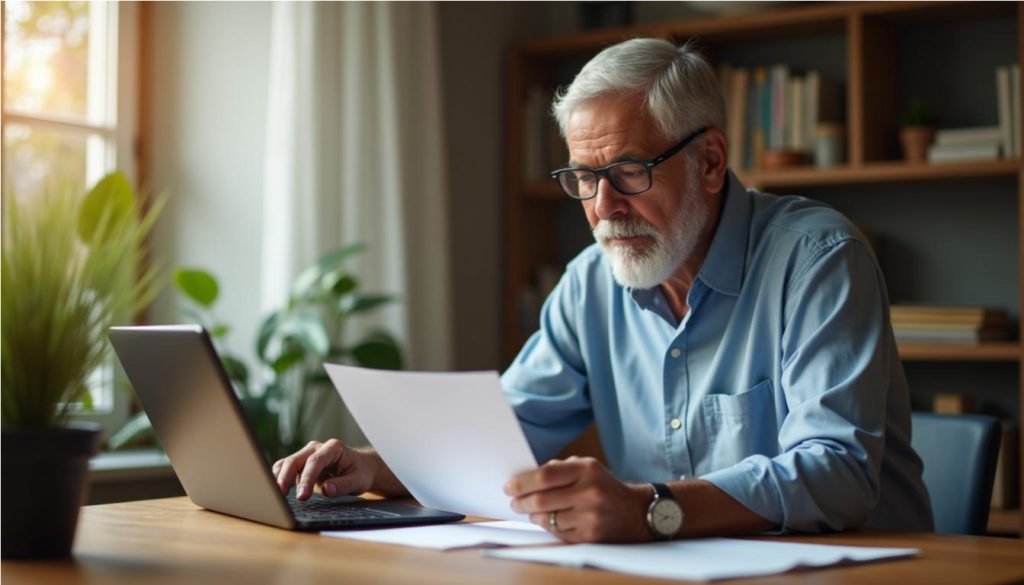 Hombre mayor leyendo una carta en su escritorio con una tablet al lado