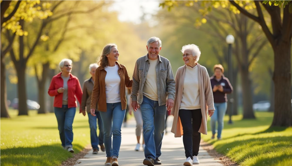 Grupo de adultos mayores caminando y sonriendo en un parque soleado