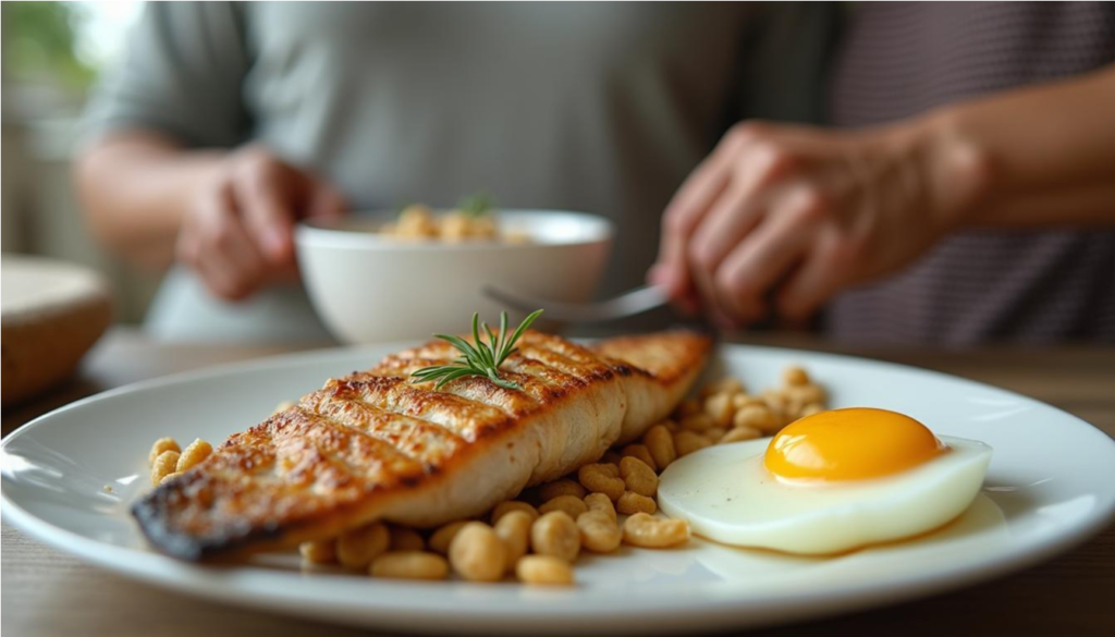 Plato con pescado, huevo y cereal fortificado, alimentos que aportan vitamina B12