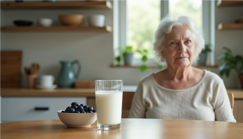 Mesa de cocina con arándanos frescos, un vaso de leche y una abuela latina pensativa