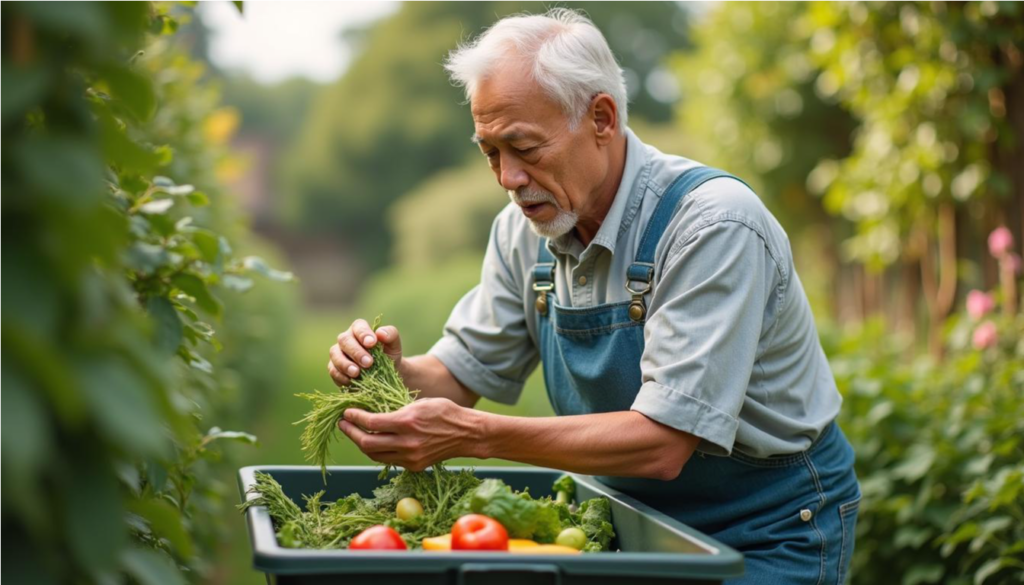 Hombre mayor reciclando restos de verduras en un jardín luminoso