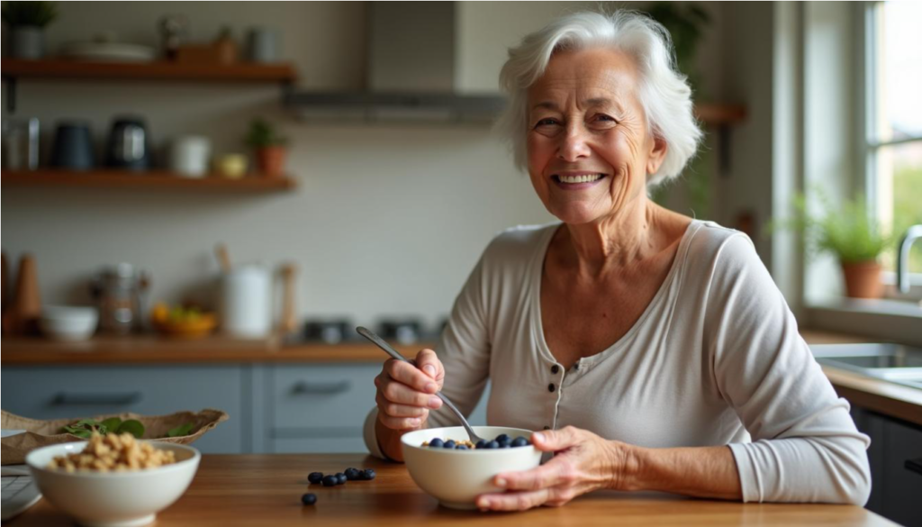 Abuela latina preparando avena con arándanos y nueces en su cocina