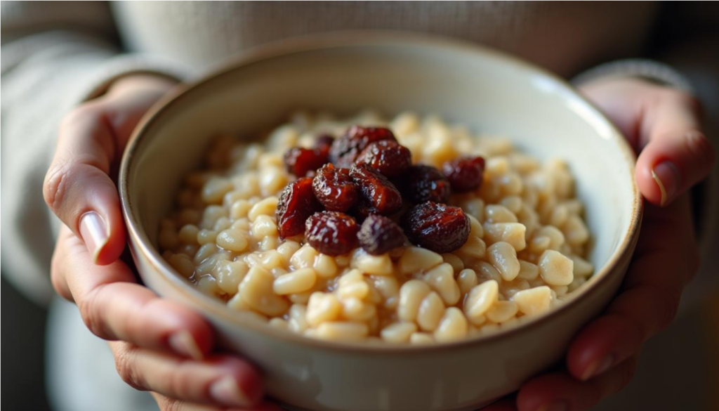 Avena con ciruelas pasas picadas en manos de una mujer mayor