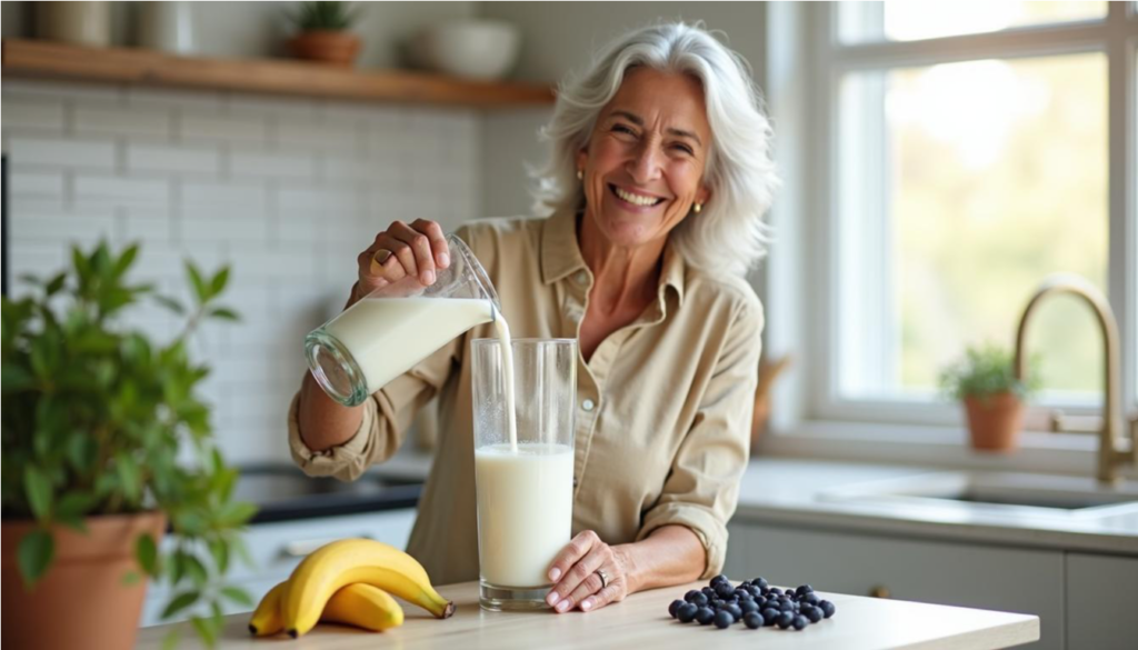 Mujer mayor sirviendo un batido casero de kéfir, plátano y arándanos