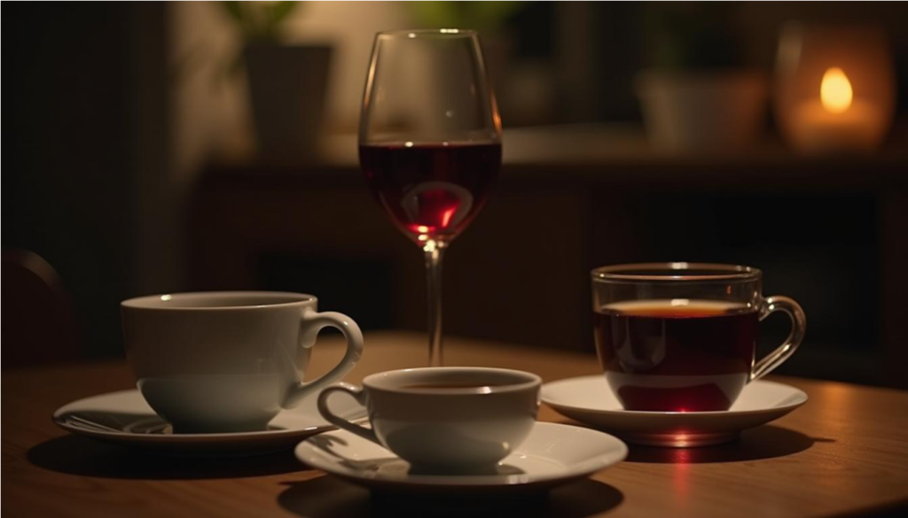 Café y vino a un lado y una infusión suave al frente para la noche