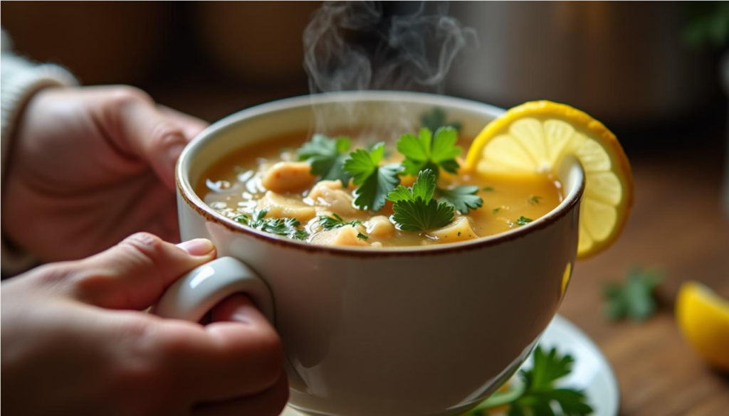 Adulta mayor sostiene una taza de caldo de huesos con perejil