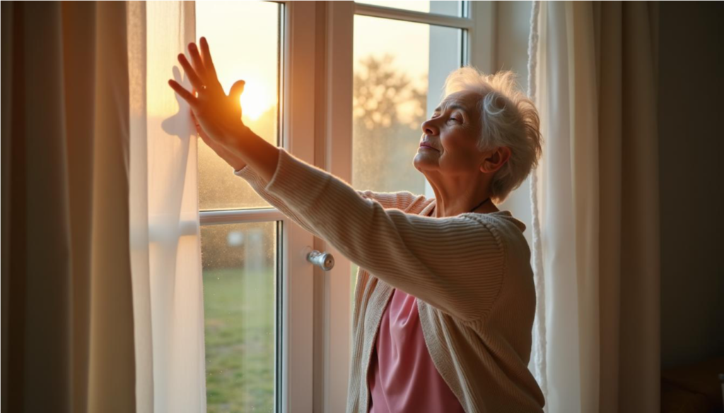 Mujer mayor haciendo estiramientos suaves en casa