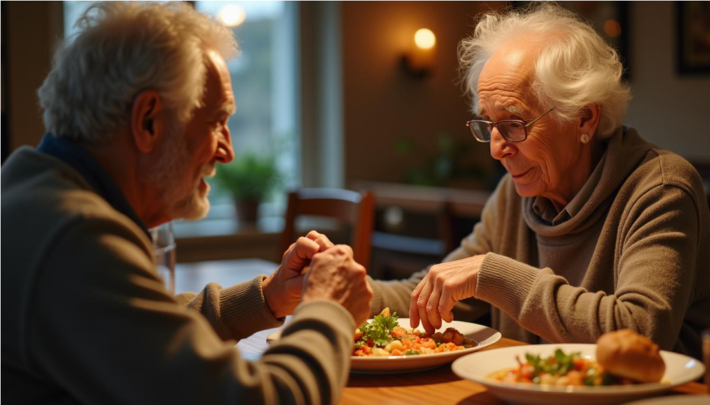 Pareja de adultos mayores compartiendo una cena ligera