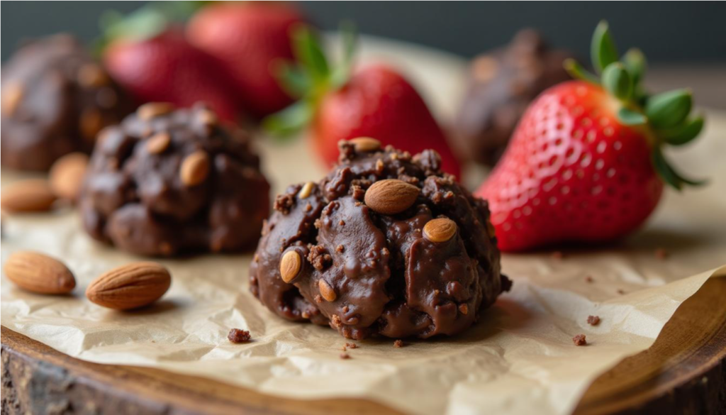 Bocaditos caseros de chocolate amargo con almendras y fresas